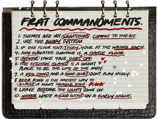 A spiral-bound notebook page titled 'FRAT COMMANDMENTS' with handwritten rules in black ink and red strike-throughs, shown against a dark textured background.